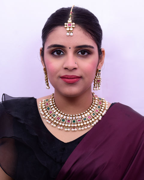 Designer Gold Plated Royal Kundan Ruby & Emerald Necklace & Earrings (D654)