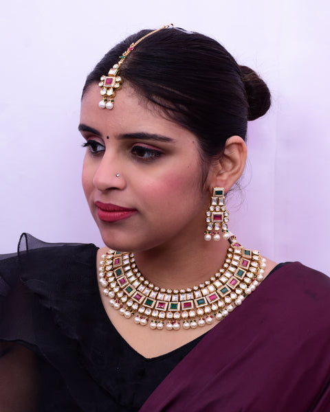 Designer Gold Plated Royal Kundan Ruby & Emerald Necklace & Earrings (D654)