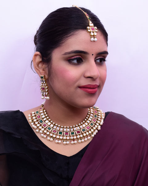 Designer Gold Plated Royal Kundan Ruby & Emerald Necklace & Earrings (D654)