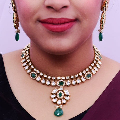 Designer Gold Plated Royal Kundan & Emerald Necklace with Earrings (D655) - Depricate