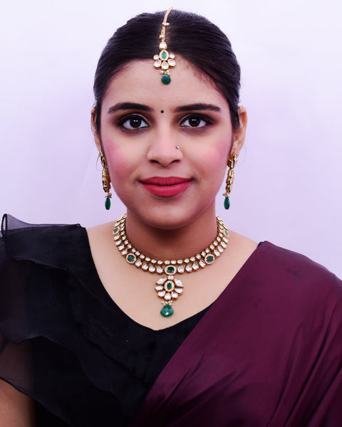 Designer Gold Plated Royal Kundan & Emerald Necklace with Earrings (D655) - Depricate