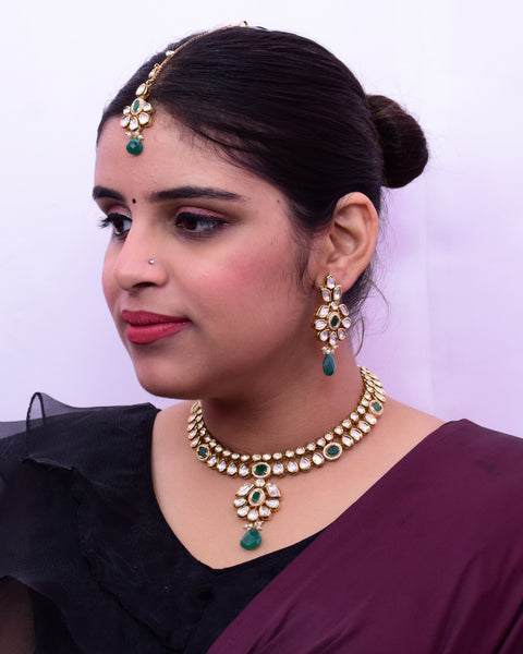 Designer Gold Plated Royal Kundan & Emerald Necklace with Earrings (D655) - Depricate