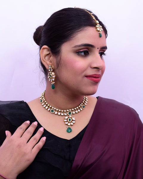 Designer Gold Plated Royal Kundan & Emerald Necklace with Earrings (D655) - Depricate