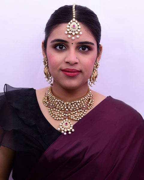 Designer Gold Plated Royal Kundan & Ruby Color Necklace with Earrings