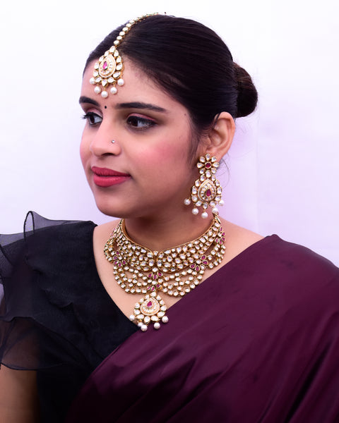 Designer Gold Plated Royal Kundan & Ruby Color Necklace with Earrings