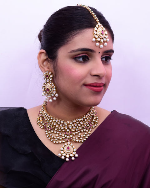Designer Gold Plated Royal Kundan & Ruby Color Necklace with Earrings
