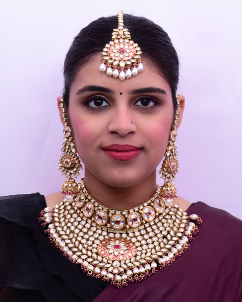 Designer Gold Plated Royal Kundan Ruby Necklace & Earrings With Pearl Beads (D643)