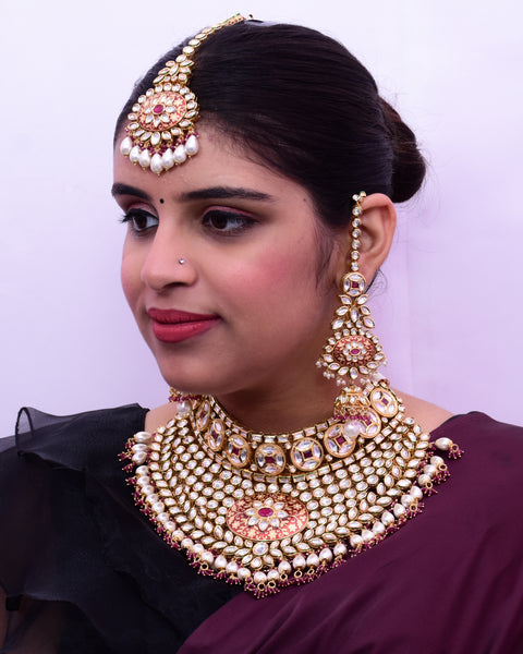Designer Gold Plated Royal Kundan Ruby Necklace & Earrings With Pearl Beads (D643)
