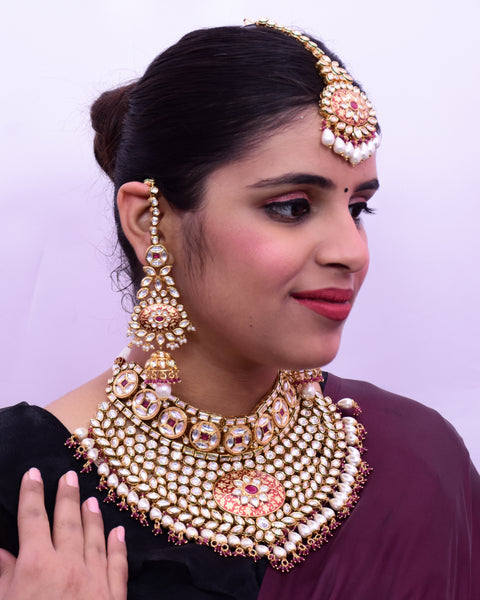 Designer Gold Plated Royal Kundan Ruby Necklace & Earrings With Pearl Beads (D643)