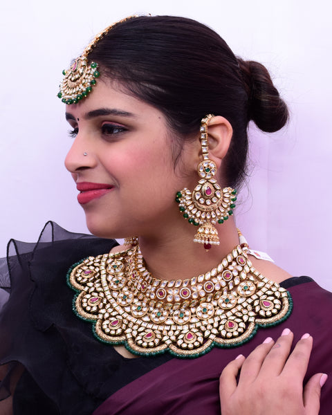 Designer Gold Plated Royal Kundan Ruby & Emerald Necklace with Earrings (D644)