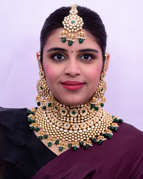 Designer Gold Plated Royal Kundan Emerald Necklace with Earrings (D645)
