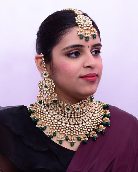 Designer Gold Plated Royal Kundan Emerald Necklace with Earrings (D645)