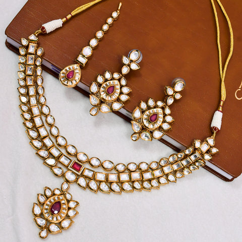 Designer Bridal Gold Plated Royal Kundan & Ruby Necklace With Mang Tikka (D566)