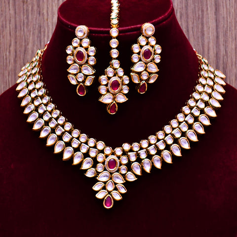 Designer Royal Kundan Ruby Necklace with Earrings & Mangtikka (D596)