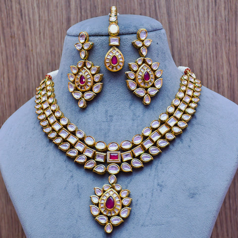 Designer Bridal Gold Plated Royal Kundan & Ruby Necklace With Mang Tikka (D566)