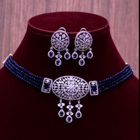 Designer Semi-Precious American Diamond Blue Color Choker Style Necklace with Earrings (D694)