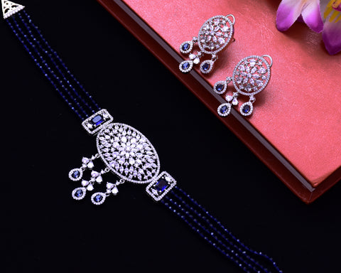 Designer Semi-Precious American Diamond Blue Color Choker Style Necklace with Earrings (D694)