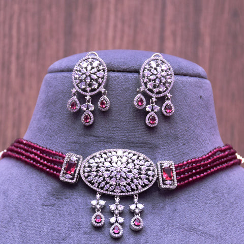 Designer Semi-Precious American Diamond & Ruby Choker Style Necklace with Earrings (D693)