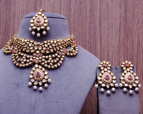 Designer Gold Plated Royal Kundan & Ruby Color Necklace with Earrings