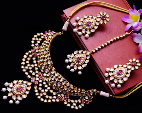 Designer Gold Plated Royal Kundan & Ruby Color Necklace with Earrings