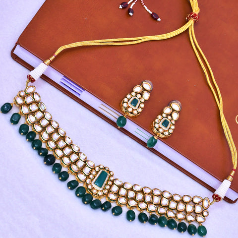 Designer Bridal Gold Plated Royal Kundan & Emerald Necklace With Earrings (D564)