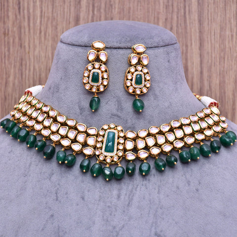 Designer Bridal Gold Plated Royal Kundan & Emerald Necklace With Earrings (D564)