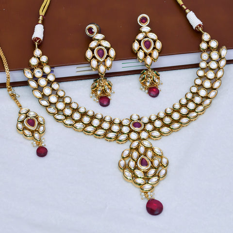 Designer Bridal Gold Plated Royal Kundan & Ruby Necklace With Mang Tikka (D562)