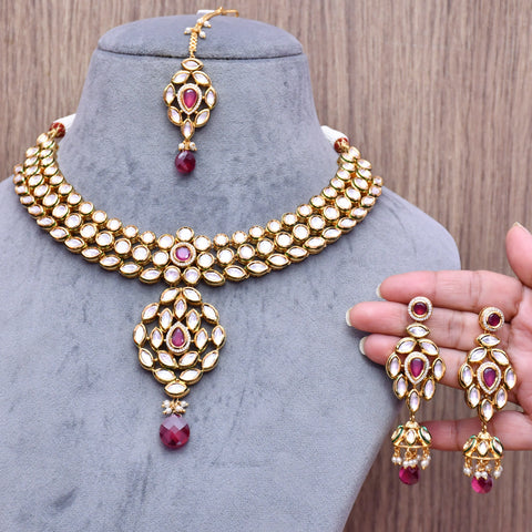 Designer Bridal Gold Plated Royal Kundan & Ruby Necklace With Mang Tikka (D562)