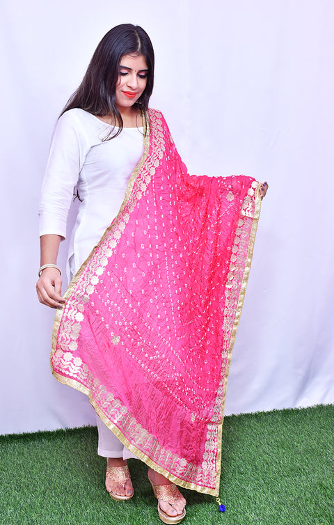 Fashionable Women's Pink Bandhej Dupatta/Chunni For Casual, Party (D26)