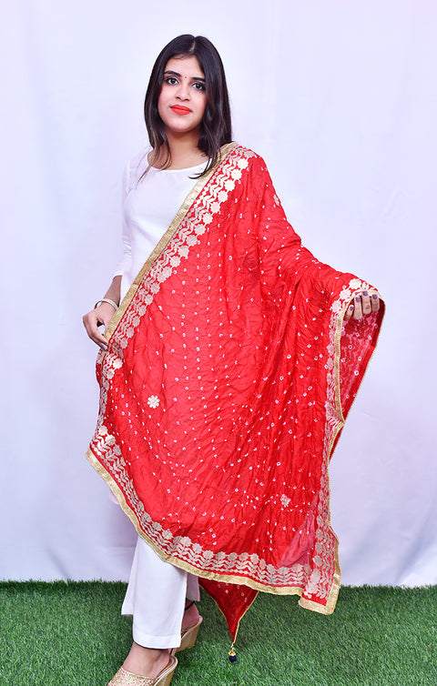 Fashionable Women's Red Bandhej Dupatta/Chunni For Casual, Party (D19)