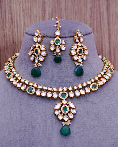 Designer Gold Plated Royal Kundan & Emerald Necklace with Earrings (D655) - Depricate