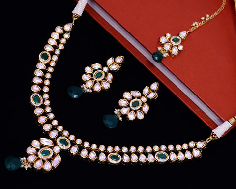 Designer Gold Plated Royal Kundan & Emerald Necklace with Earrings (D655) - Depricate