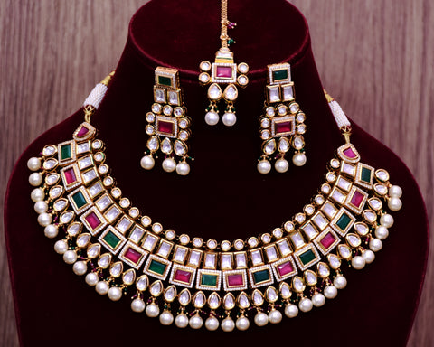 Designer Gold Plated Royal Kundan Ruby & Emerald Necklace & Earrings (D654)