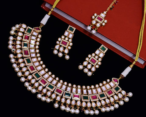 Designer Gold Plated Royal Kundan Ruby & Emerald Necklace & Earrings (D654)