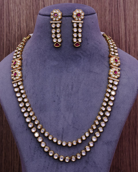 Designer Gold Plated Royal Kundan Ruby Long Necklace with Earrings (D653)