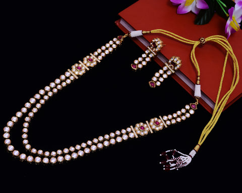 Designer Gold Plated Royal Kundan Ruby Long Necklace with Earrings (D653)