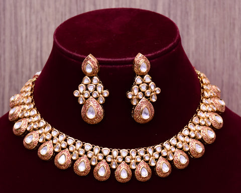 Designer Gold Plated Royal Kundan Necklace with Earrings (D652)