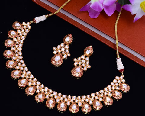 Designer Gold Plated Royal Kundan Necklace with Earrings (D652)