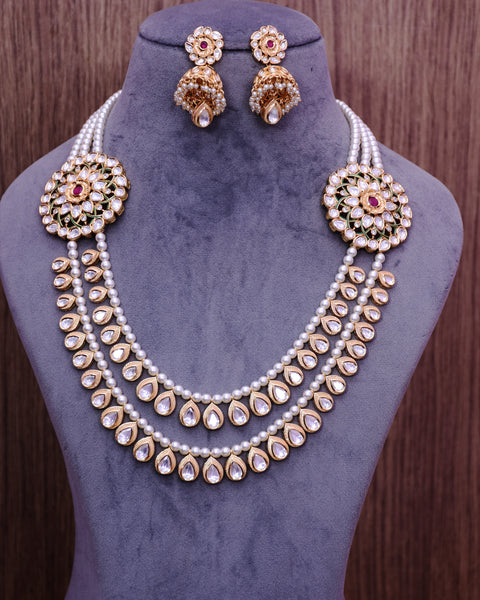 Designer Gold Plated Royal Kundan Long Necklace with Earrings (D646)