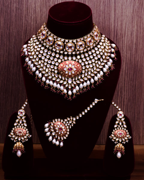 Designer Gold Plated Royal Kundan Ruby Necklace & Earrings With Pearl Beads (D643)