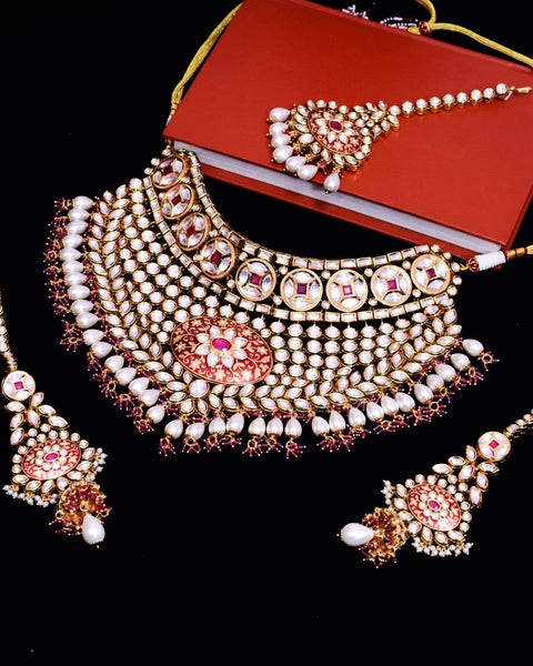 Designer Gold Plated Royal Kundan Ruby Necklace & Earrings With Pearl Beads (D643)