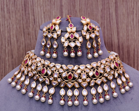 Designer Gold Plated Royal Kundan Ruby Necklace with Earrings (D649)
