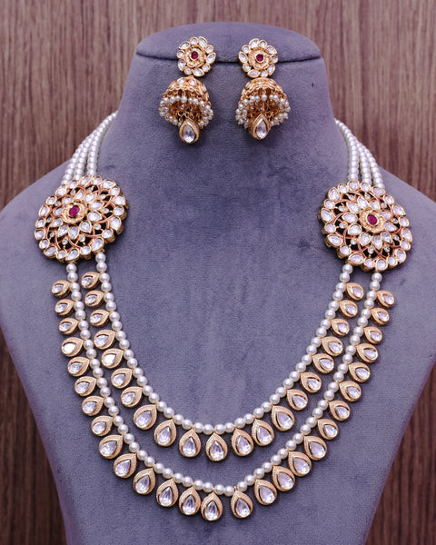 Designer Gold Plated Royal Kundan Ruby Long Necklace with Earrings (D648)