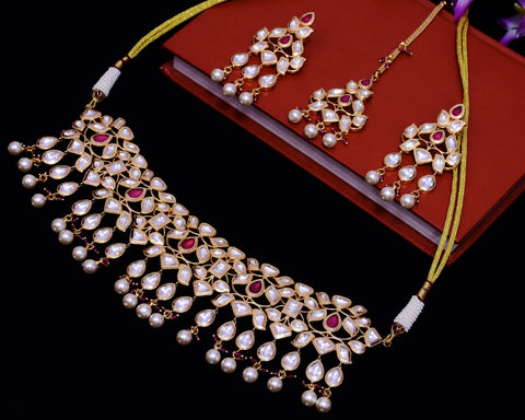 Designer Gold Plated Royal Kundan Ruby Necklace with Earrings (D649)