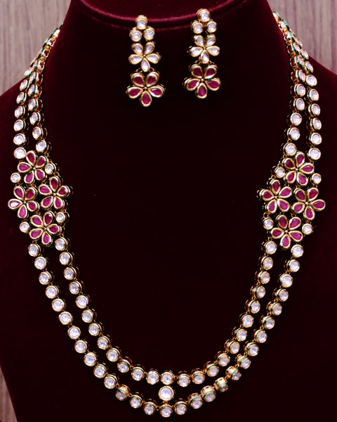 Designer Gold Plated Royal Kundan Ruby Long Necklace with Earrings (D647)