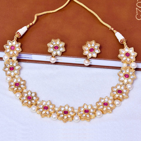 Designer Gold Plated Royal Kundan Ruby Necklace With Earrings (D571)