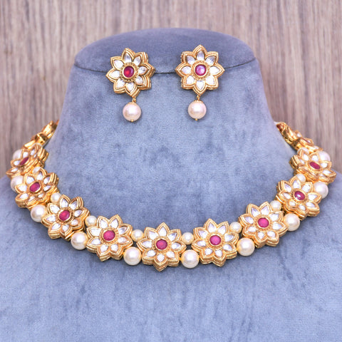 Designer Gold Plated Royal Kundan Ruby Necklace With Earrings (D571)