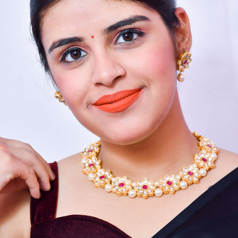 Designer Gold Plated Royal Kundan Ruby Necklace With Earrings (D571)