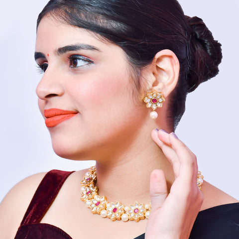 Designer Gold Plated Royal Kundan Ruby Necklace With Earrings (D571)