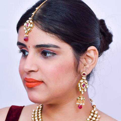 Designer Bridal Gold Plated Royal Kundan & Ruby Necklace With Mang Tikka (D562)